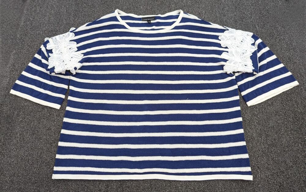 Lane Bryant Women Navy & White Striped Sweater Floral Crochet Sleeves Size 18/20